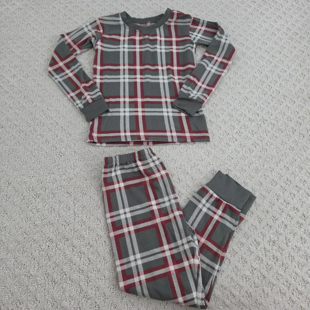 Kids Grey Red Plaid Holiday Christmas Pajama Set Size 6 2pc